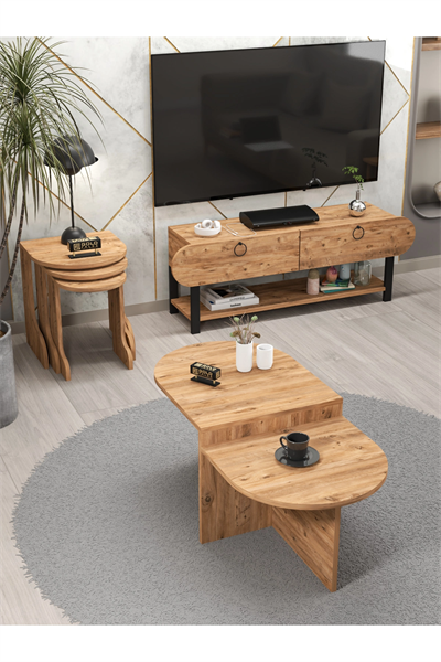 Tv Sehpası Ünitesi Tekli Orta Sehpa 3Lü Zigon Sehpa Set Üç Ürün Atlantik Çam