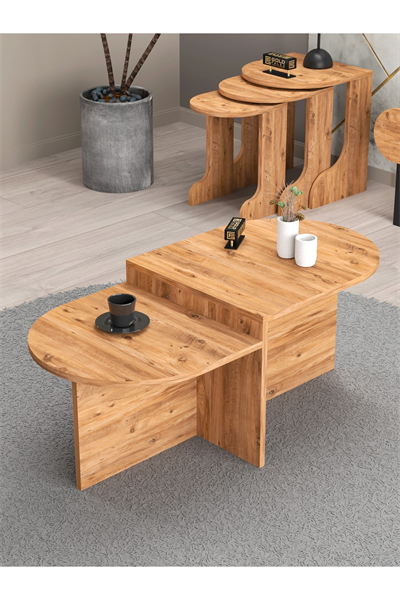 Tv Sehpası Ünitesi Tekli Orta Sehpa 3Lü Zigon Sehpa Set Üç Ürün Atlantik Çam