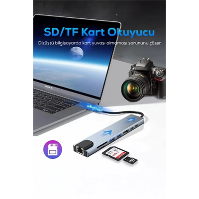 Type C Girişli 8 Port Dönüştürücü Ve Çoklayıcı