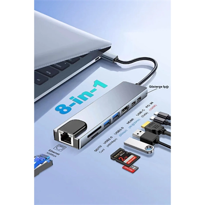 Type C Girişli 8 Port Dönüştürücü Ve Çoklayıcı