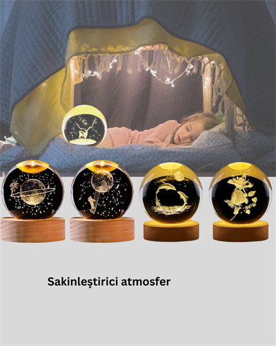 USB Bağlantılı Geyik Temalı Kristal Küre Premium Masa Gece Lambası