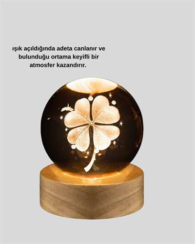 USB Bağlantılı Yonca Bitkili Cam Küre Ahşap Altlıklı Dekoratif Lamba