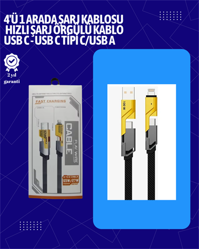 USB-C ve Lightning Uyumlu 4ü 1 Arada Kablo – 65W Hızlı Şarj, Örgülü Dayanıklı Yapı