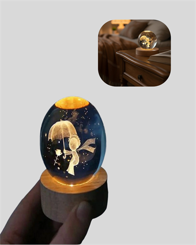 USB LED 3D Küçük Prens Kristal Küre Ahşap Standlı Gece Lambası