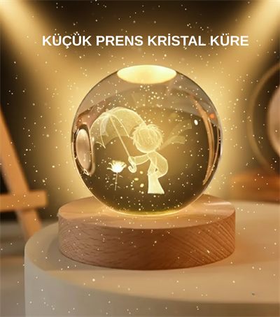 USB LED 3D Küçük Prens Kristal Küre Ahşap Standlı Gece Lambası