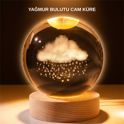 USB LED 3D Yağmur Bulutu Kristal Küre Sıcak Işıklı Ahşap Standlı Gece Lambası