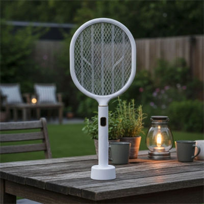 USB Şarjlı Standlı Şarj Göstergeli UV Işıklı Beyaz Sinek Öldürme Raketi