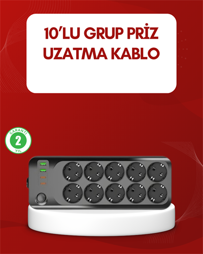 USB Type-C Destekli 10’lu Grup Priz Termal Korumalı 2m Kablo 2500W