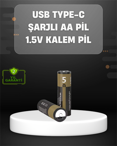 USB Type-C Girişli Şarjlı AA Lityum Pil | 1.5V Sabit Çıkış | 3200mWh (2li Paket)