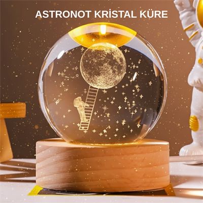 USB’li 3D Astronot Kristal Küre – Modern Uzay Temalı Gece Lambası