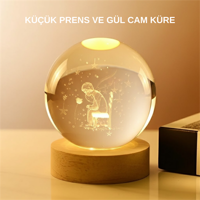 USB’li Küçük Prens Işıklı Cam Küre Ahşap Altlıklı Dekoratif Lamba