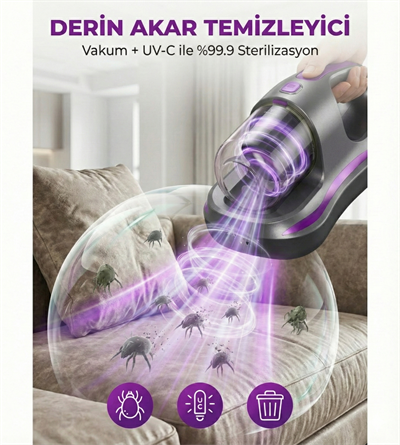 UV Işık Teknolojili Güçlü Motorlu Yatak Temizleme Cihazı - %99,9 Akar Giderme Özelliği ile