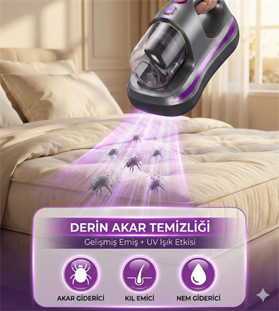 UV Işık Teknolojili Güçlü Motorlu Yatak Temizleme Cihazı - %99,9 Akar Giderme Özelliği ile
