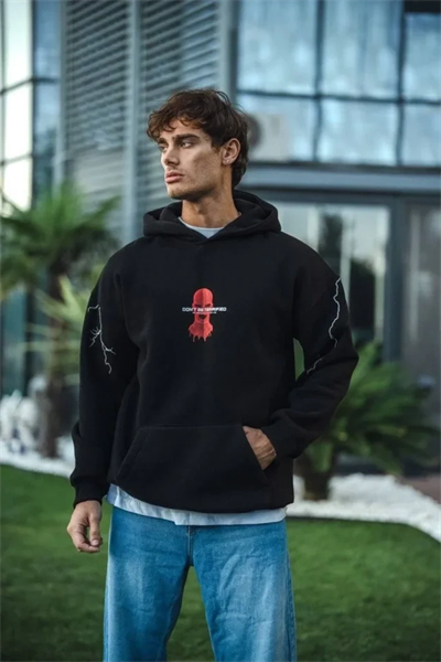 Üç İplik Kapüşonlu Baskılı Oversize SweatShirt- Siyah