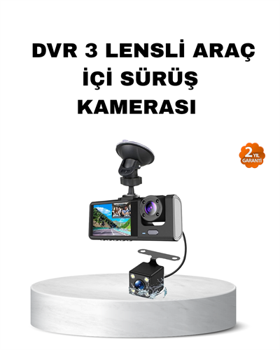 Üç Kameralı Araç İçi Kayıt Sistemi Full HD Gece Görüşlü ve G-Sensör Destekli