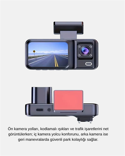 Üç Kameralı Dash Cam 170° Geniş Açılı Full HD Gece Görüşlü