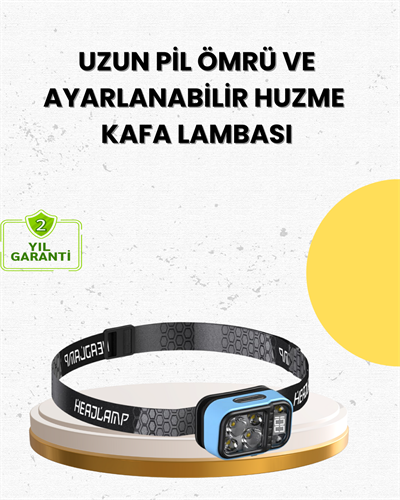 Üç Renkli LED Kafa Feneri 53 Mod Güç Göstergeli Type C Şarjlı