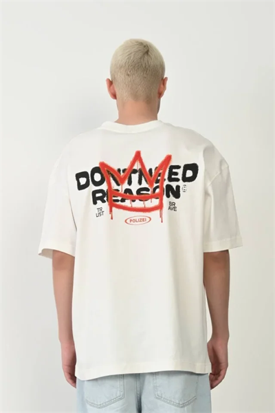 Unisex Bisiklet Yaka Baskılı Oversize T-Shirt - Beyaz