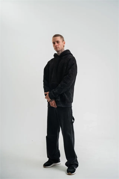 Unisex Uzun Kol Kapşonlu Yıkamalı Nakışlı SweatShirt - Siyah