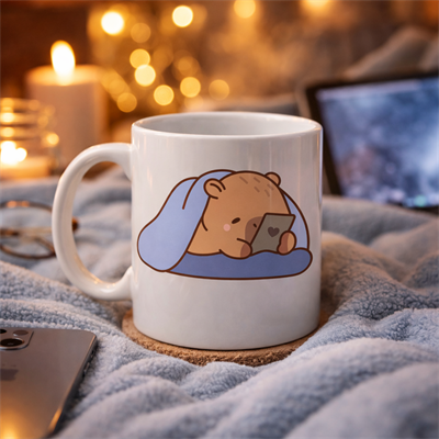 Uyuyan Kapibara Tasarımlı Porselen Kupa MODEL 104 – Telefonlu Sevimli Desen , Kahve & Çay Kupası , Hediye Fikri