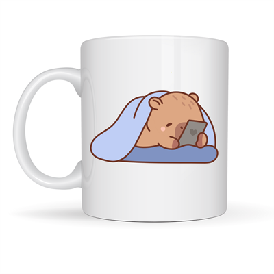 Uyuyan Kapibara Tasarımlı Porselen Kupa MODEL 104 – Telefonlu Sevimli Desen , Kahve & Çay Kupası , Hediye Fikri