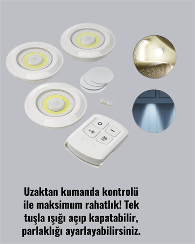 Uzaktan Kumanda İle Kontrol Edilebilen Yapışkanlı 3 Lü Kablosuz Led Spot Lamba