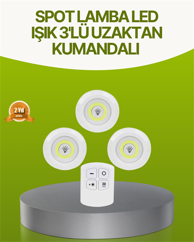 Uzaktan Kumandalı 3 Lü Kablosuz Led Spot Lamba Seti Yapışkanlı Pratik Kullanım
