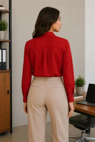 Uzun Kol Gömlek Düğmeli Klasik Yaka Günlük Ve Ofis Şıklığına Uygun - Kırmızı