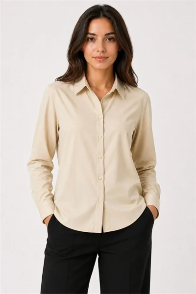 Uzun Kol Gömlek Düğmeli Klasik Yaka Günlük Ve Ofis Şıklığına Uygun - Bej