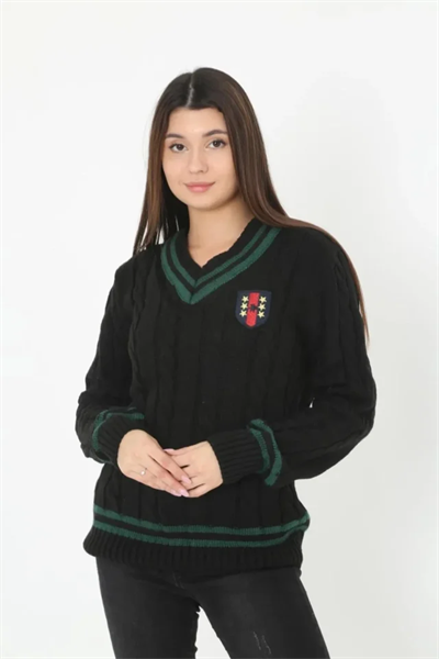 V Yaka Örgülü Kazak - Siyah