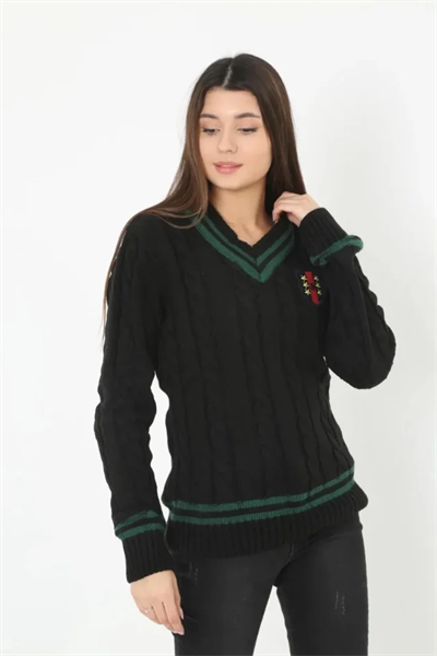 V Yaka Örgülü Kazak - Siyah