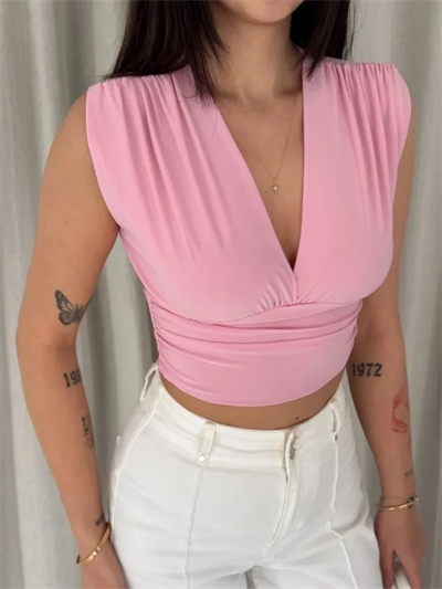 Vatkalı Kolsuz V Yaka Drapeli Crop Bluz Likralı Fit - Pembe