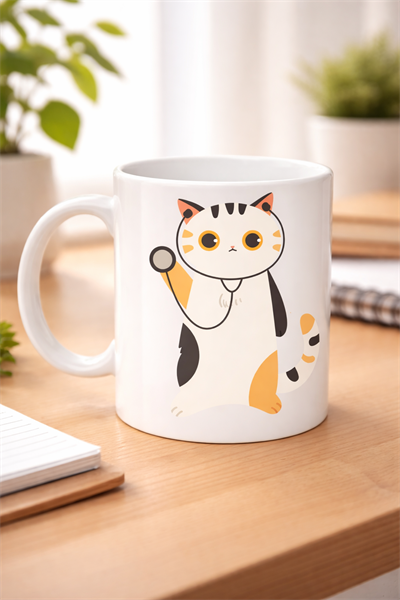 Veteriner Kedi Tasarımlı Porselen Kupa MODEL 177 – Stetoskoplu Sevimli Kedi Kahve Kupası – Veterinerlere ve Kedi Severlere Hediye