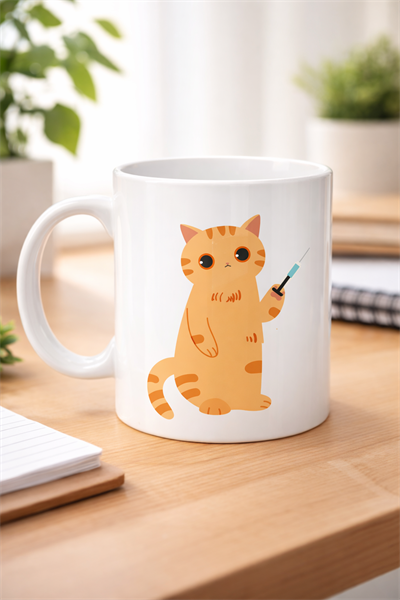 Veteriner Kedi Tasarımlı Porselen Kupa MODEL 176 – Şırıngalı Sevimli Kedi Kahve Kupası – Veterinerlere ve Kedi Severlere Hediye Kupa