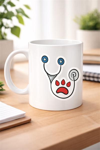 Veteriner Temalı Porselen Kupa MODEL 178 – Patili Stetoskop Tasarımlı Kahve Kupası – Veterinerlere ve Hayvan Severlere Hediye Kupa