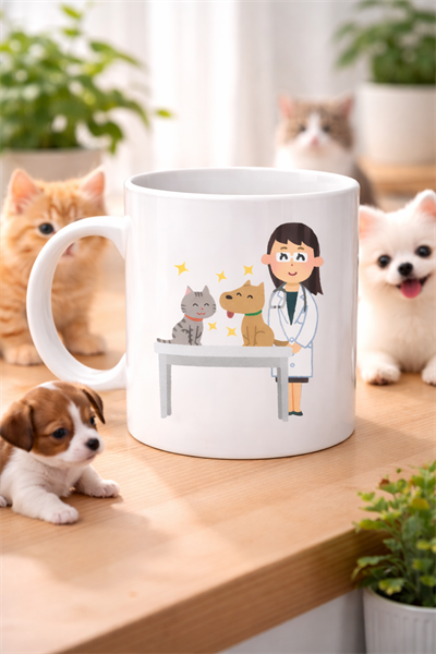 Veteriner Temalı Porselen Kupa MODEL 179 – Kedi ve Köpekli Sevimli Veteriner Tasarımlı Kahve Kupası – Veterinerlere ve Hayvan Severlere Hediye
