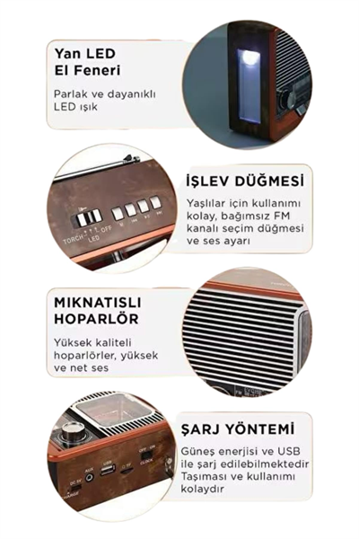 Vintage Nostaljik Radyo AUX USB SD Kart Girişli Şarjlı Bluetooth Bağlantılı