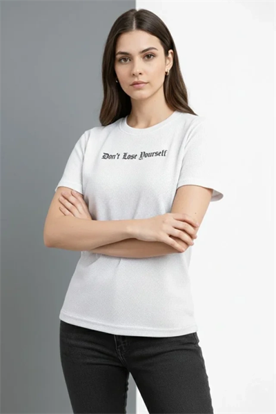 Wafıl Kumaş Tişört Regular Kalıp Bisiklet Yaka Baskılı Günlük Basic T-Shirt - Beyaz