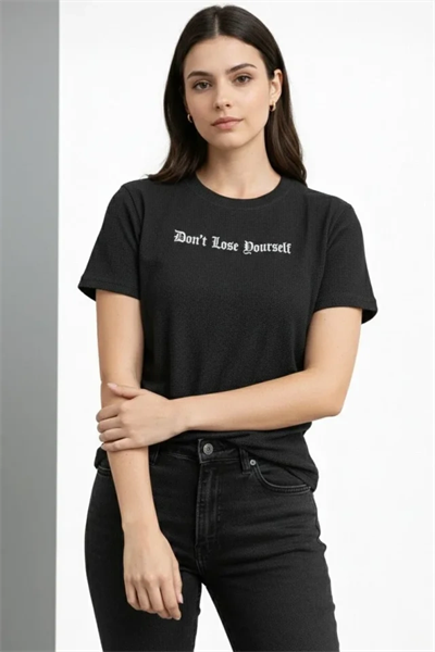 Wafıl Kumaş Tişört Regular Kalıp Bisiklet Yaka Baskılı Günlük Basic T-Shirt - Siyah
