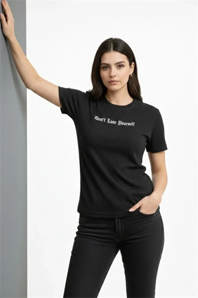 Wafıl Kumaş Tişört Regular Kalıp Bisiklet Yaka Baskılı Günlük Basic T-Shirt - Siyah