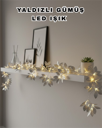 Yaldızlı Gümüş Yaprak LED Işık Pilli Dekoratif Ortam ve Yılbaşı Aydınlatması