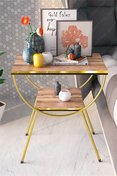 Yan Sehpa Komodin Metal Ayak Çift Gold Ceviz