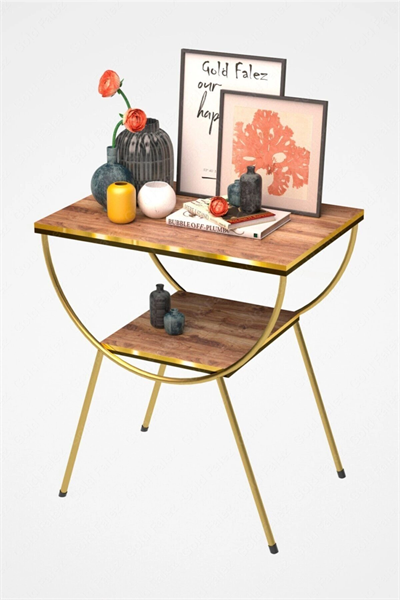 Yan Sehpa Komodin Metal Ayak Çift Gold Ceviz