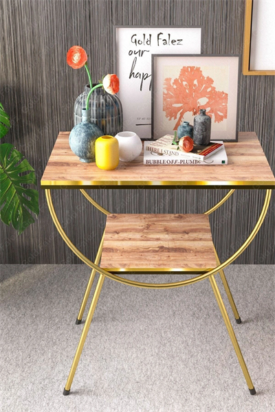 Yan Sehpa Komodin Metal Ayak Çift Gold Ceviz