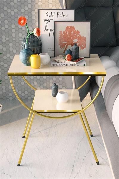 Yan Sehpa Komodin Metal Ayak Çift Gold Krem