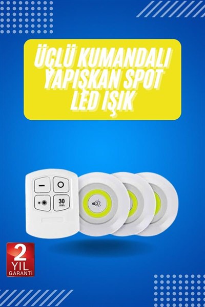 Yapışkanlı 3lü Spot Led Işık Lamba Montajsız Pilli Uzaktan Kumandalı
