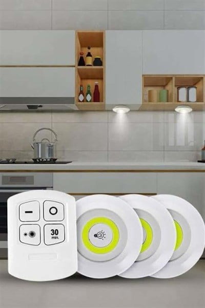 Yapışkanlı 3lü Spot Led Işık Lamba Montajsız Pilli Uzaktan Kumandalı