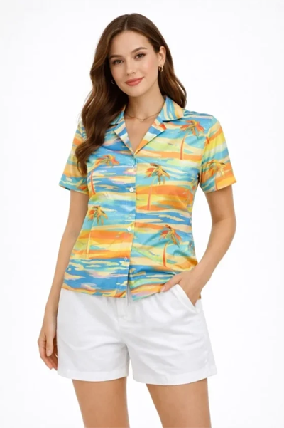 Yazlık Tropikal Desenli Gömlek Şort Takım Rahat Kalıp Tatil Kombin  - Desenli
