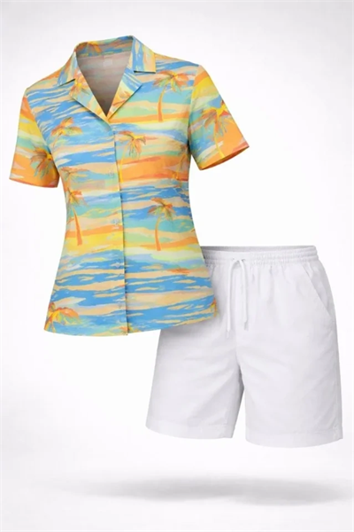 Yazlık Tropikal Desenli Gömlek Şort Takım Rahat Kalıp Tatil Kombin  - Desenli