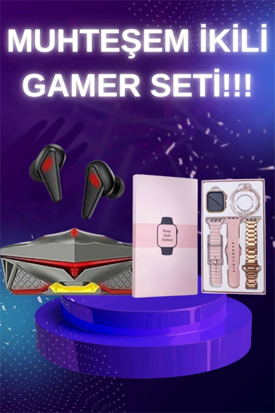 Yeni Nesil Pembe Dokunmatik Ekran Akıllı Saat ve Oyuncu Kulaklığı Kablosuz Bluetooth Kulaklık